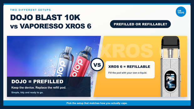 DOJO Blast 10K prefilled vape compared with the refillable Vaporesso XROS 6