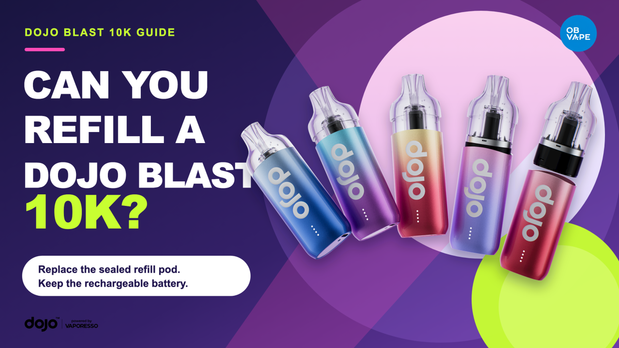 Official Vaporesso DOJO Blast 10K devices showing the refill pod is replaced while the battery is reused