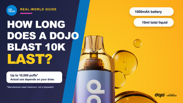 How long the Vaporesso DOJO Blast 10K lasts, with its 1000mAh battery, 10ml liquid capacity and up-to puff rating