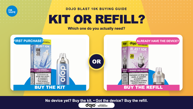 DOJO Blast 10K kit versus refill pods buying guide using current OB Vape product images