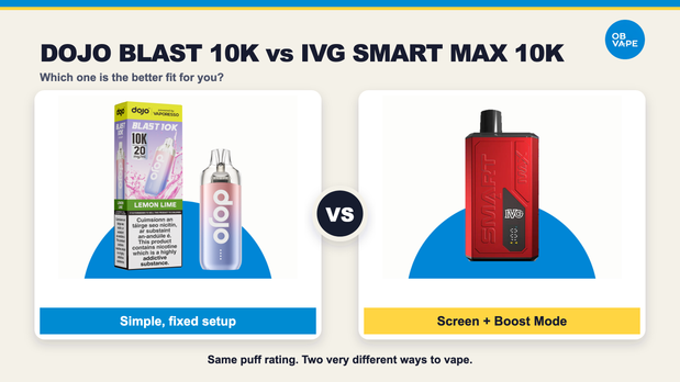 DOJO Blast 10K versus IVG Smart MAX 10K comparison using current OB Vape product images