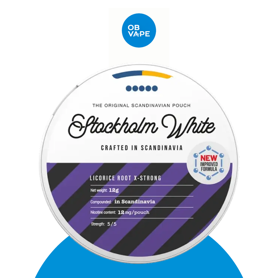 Stockholm White Licorice Root X-Strong nicotine pouches - 12mg per pouch - OB Vape branded image