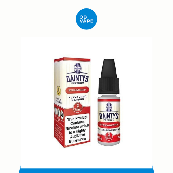 Dainty's Premium Strawberry 10ml e-liquid bottle on the OB Vape product-image background